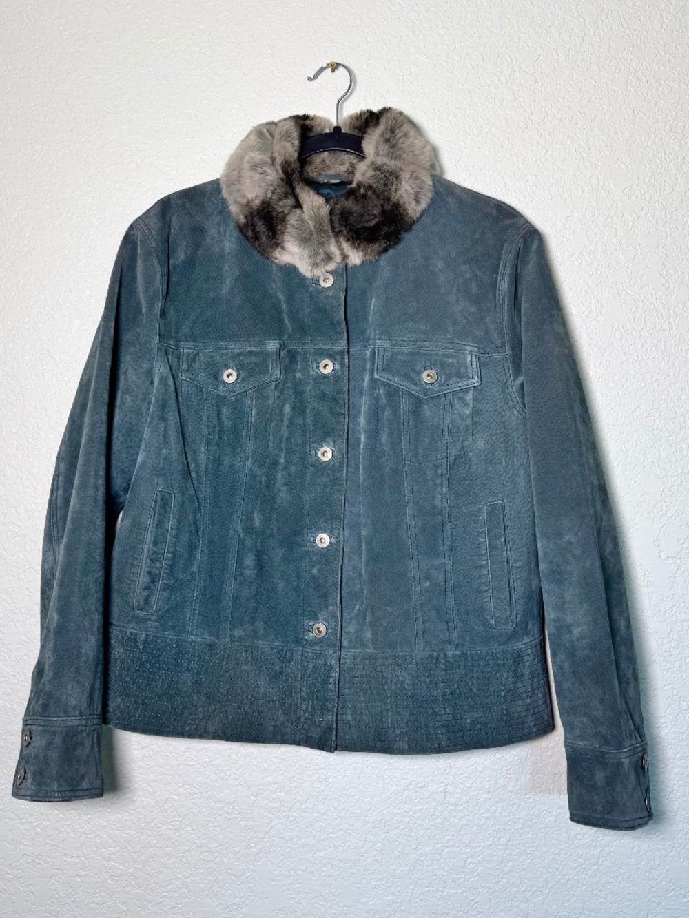 Terry Lewis Leather Jacket Women's L Blue Faux Fur Collar Coat 90s Vintage Glam